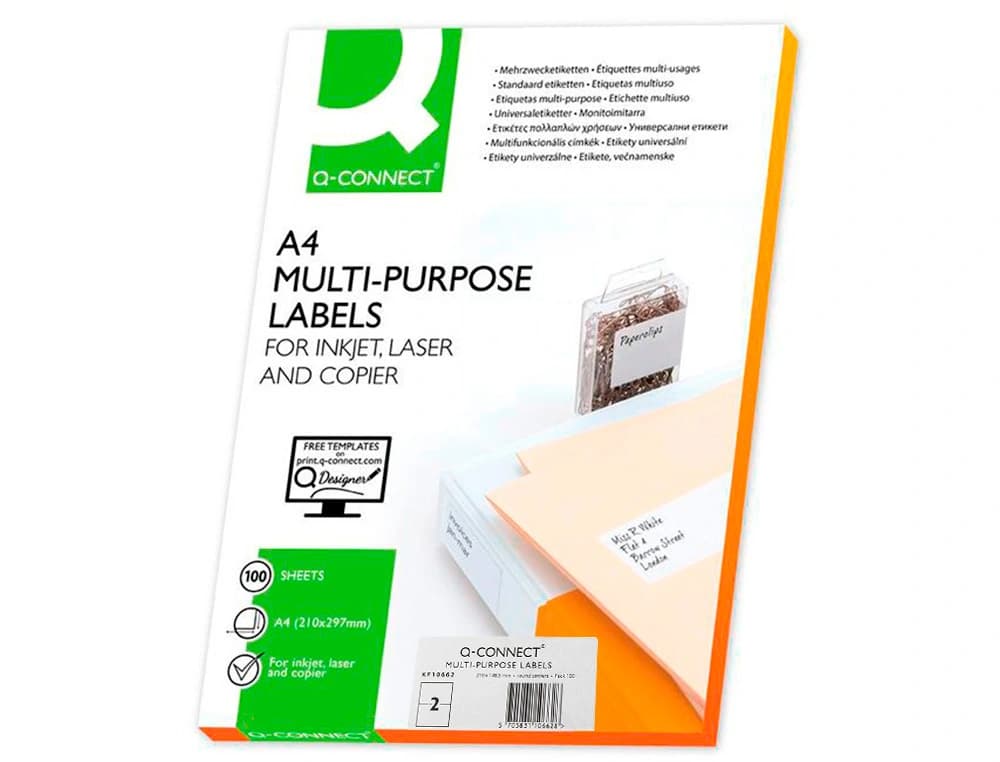 Etiqueta adhesiva q-connect kf10662 tamaño 210x148,5 mm fotocopiadora laser ink-jet caja con 100 hojas din a4