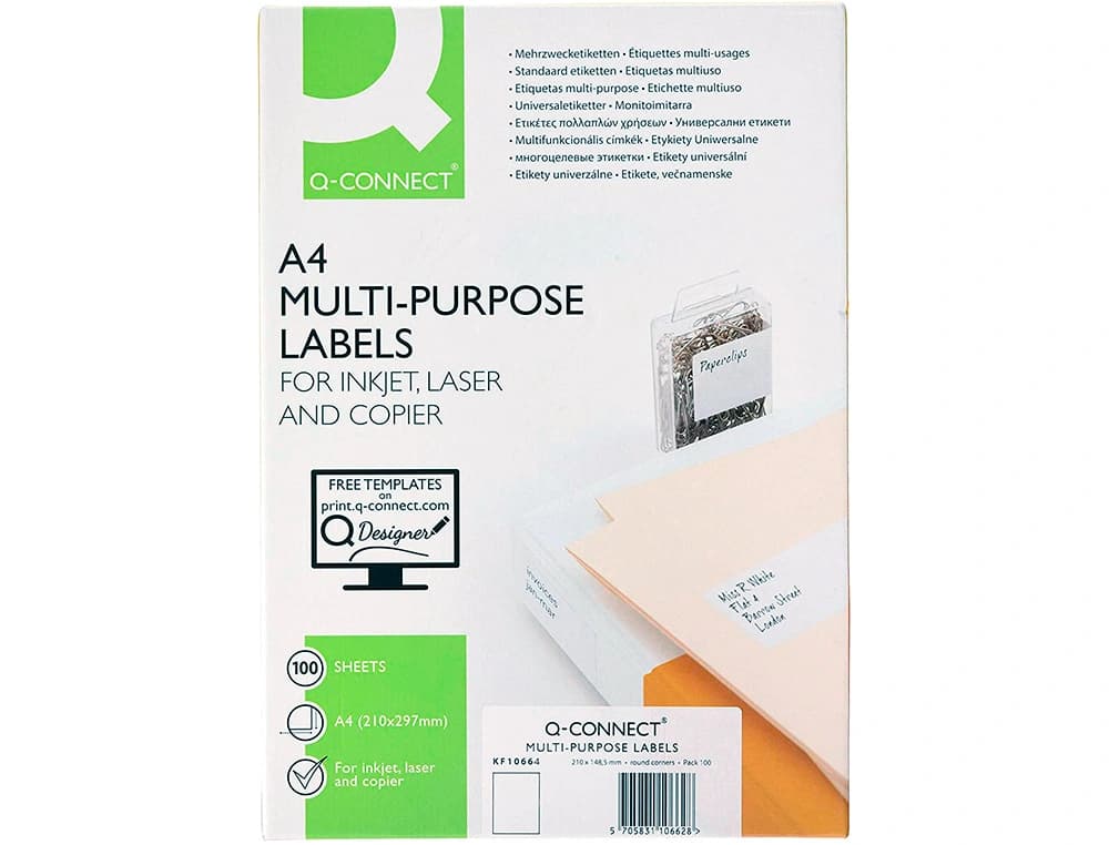 Etiqueta adhesiva q-connect kf10664 tamaño 210x297 mm fotocopiadora laser ink-jet caja con 100 hojas din a4