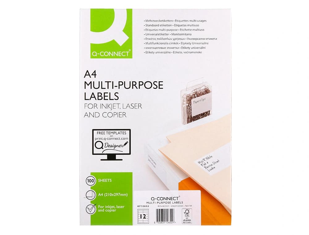 Etiqueta adhesiva q-connect kf10652 tamaño 96,5x42,3 mm fotocopiadora laser ink-jet caja con 100 hojas din a4
