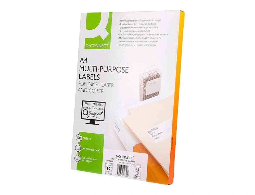 Etiqueta adhesiva q-connect kf10652 tamaño 96,5x42,3 mm fotocopiadora laser ink-jet caja con 100 hojas din a4