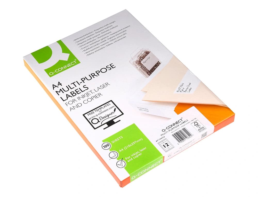 Etiqueta adhesiva q-connect kf10652 tamaño 96,5x42,3 mm fotocopiadora laser ink-jet caja con 100 hojas din a4
