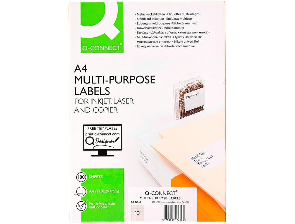 Etiqueta adhesiva q-connect kf10658 tamaño 105x57 mm fotocopiadora laser ink-jet caja con 100 hojas din a4