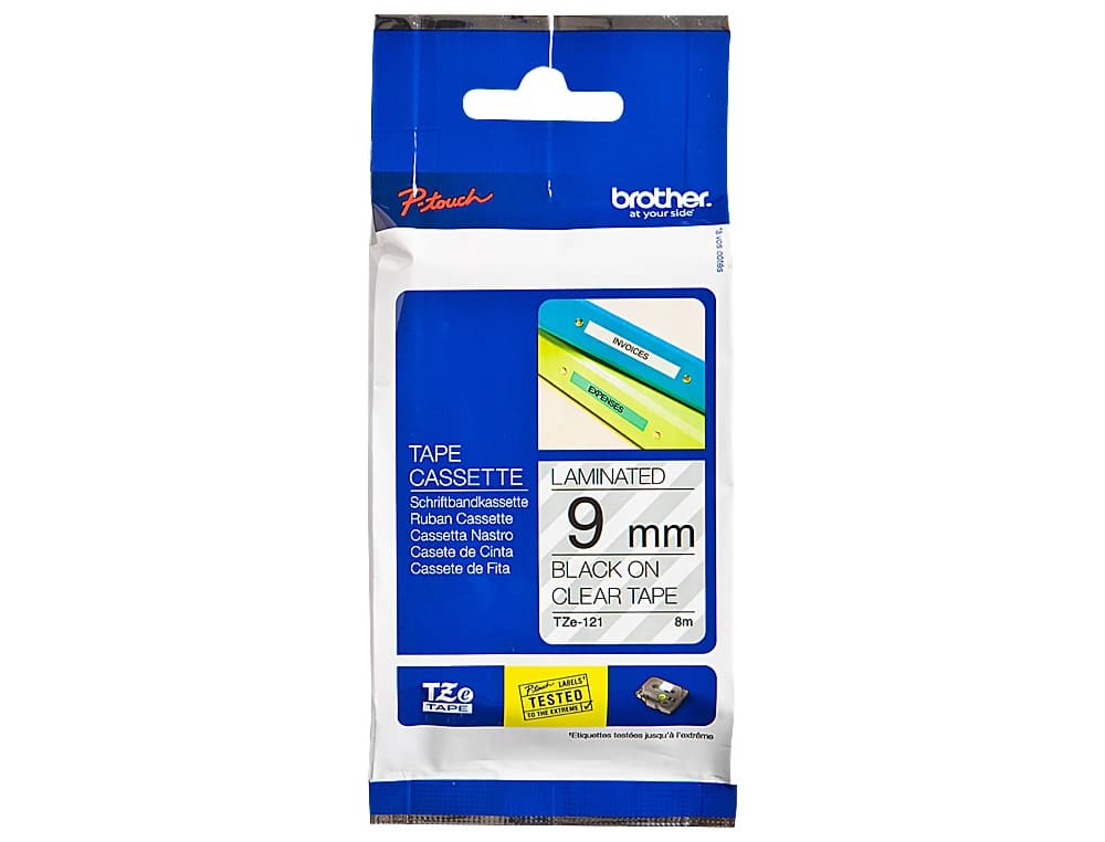 Cinta brother tze121 transparente-negro 9mm longitud 8 m