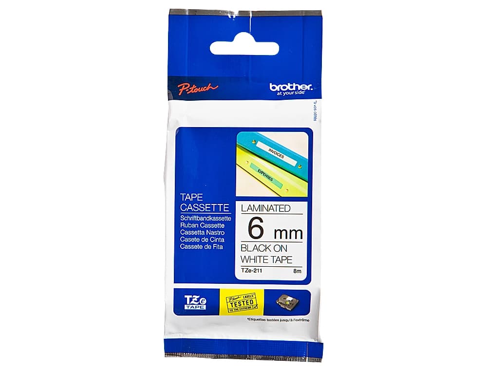 Cinta brother tze-211 blanco-negro 6mm longitud 8 m