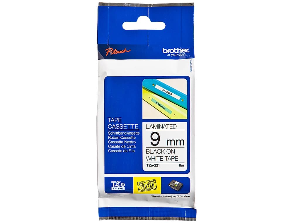 Cinta brother tze221 blanco-negro 9mm longitud 8 m