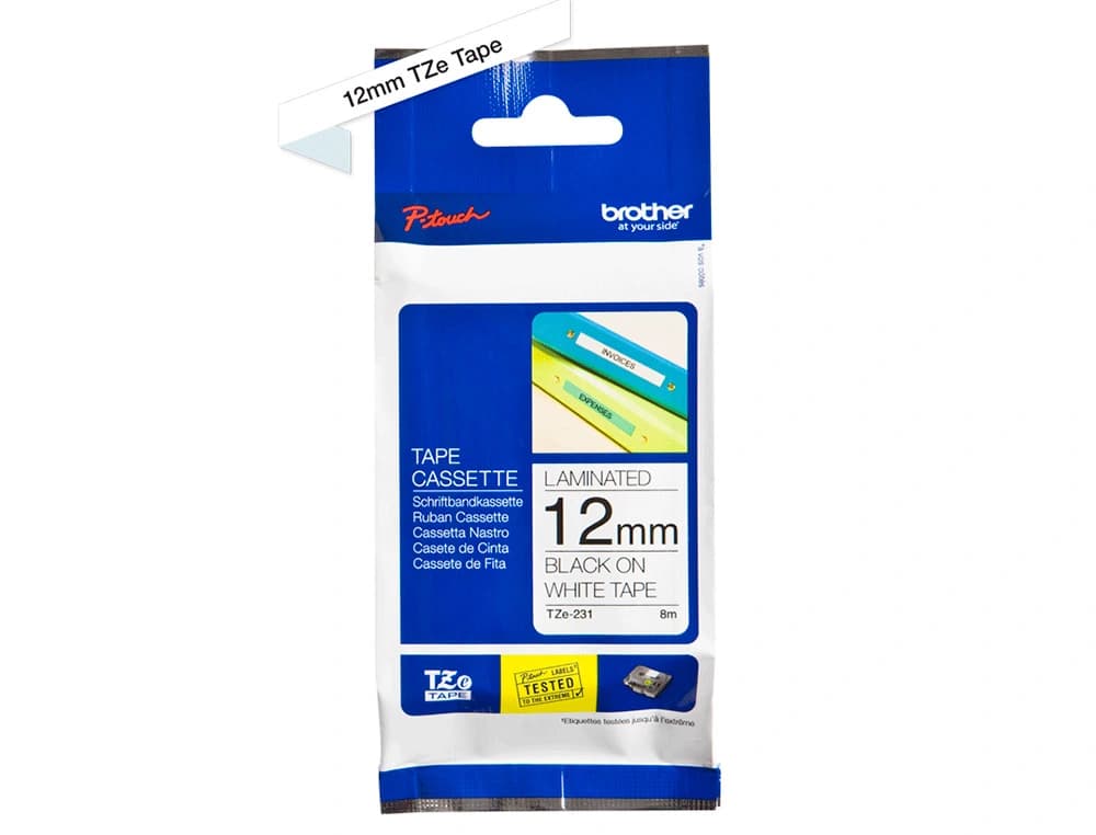 Cinta brother tze-231 blanco-negro 12mm longitud 8 m