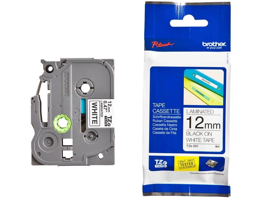 Cinta brother tze-231 blanco-negro 12mm longitud 8 m