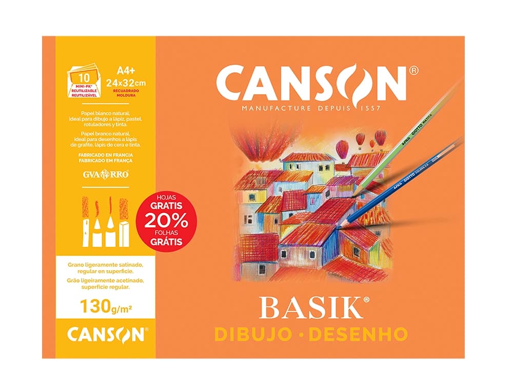 Papel dibujo basik 240x320 din a4 + 130 gr con recuadro minipack de 10 hojas