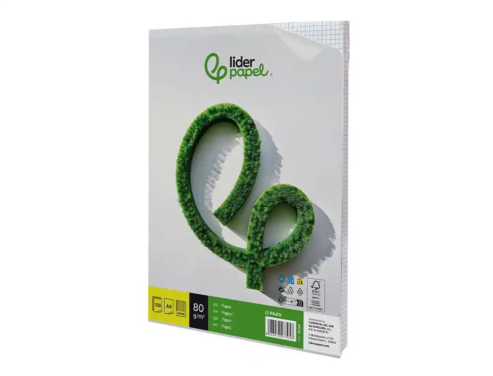Papel liderpapel a4 80g/m2 sin taladros cuadro 4 mm paquete de 100 hojas