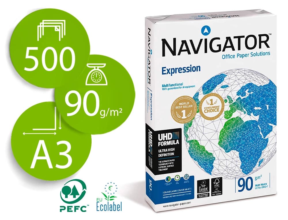 Navigator Papel fotocopiadora navigator din a3 90 gramos papel multiuso ink-jet y laser paquete de 500 hojas