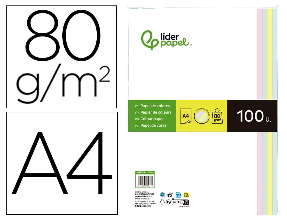 Liderpapel Papel color liderpapel a4 80gr 4 colores surtidos paquete de 100 hojas
