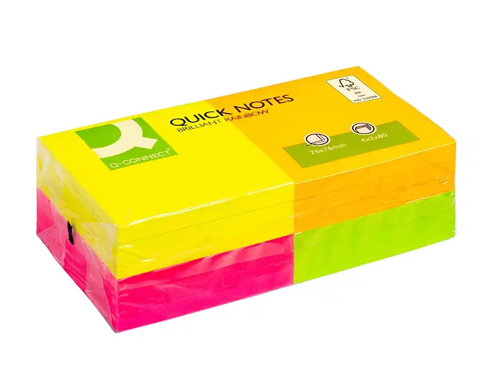 Bloc de notas adhesivas quita y pon q-connect 76x76 mm con 80 hojas fluorescentes pack de 12 surtidas en 4 colores