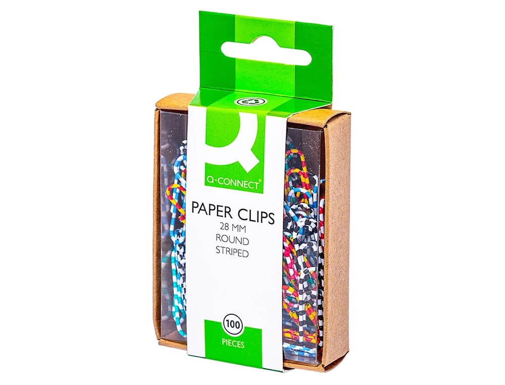 Clips colores rayados q-connect 28 mm caja de 100 unidades colores surtidos