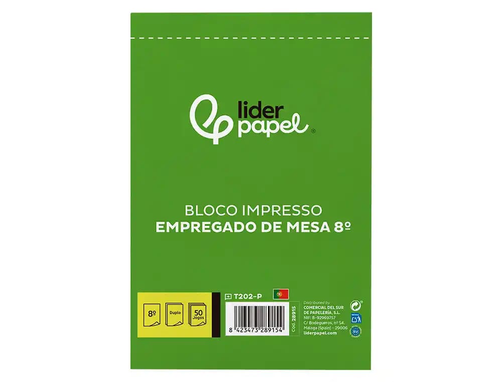 Talonario liderpapel camarero octavo sin iva 202 duplicado texto en portugues