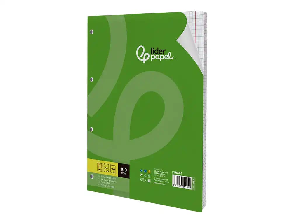 Recambio liderpapel a4 100 hojas 100gr cuadro 5mm con doble margen 4 taladros