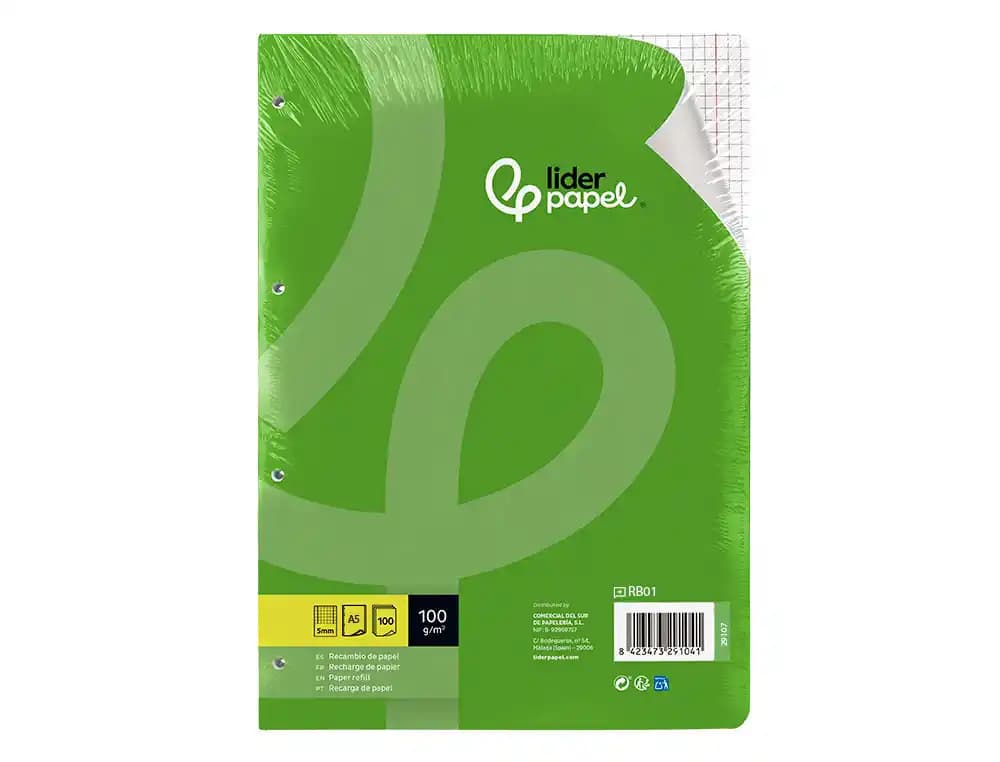 Recambio liderpapel a5 100 h 100gr cuadro 5mm con m argen 6 taladros