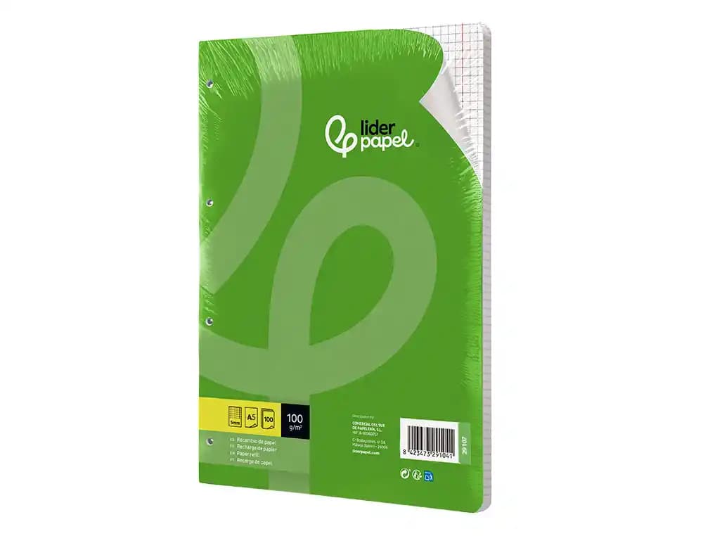 Recambio liderpapel a5 100 h 100gr cuadro 5mm con m argen 6 taladros