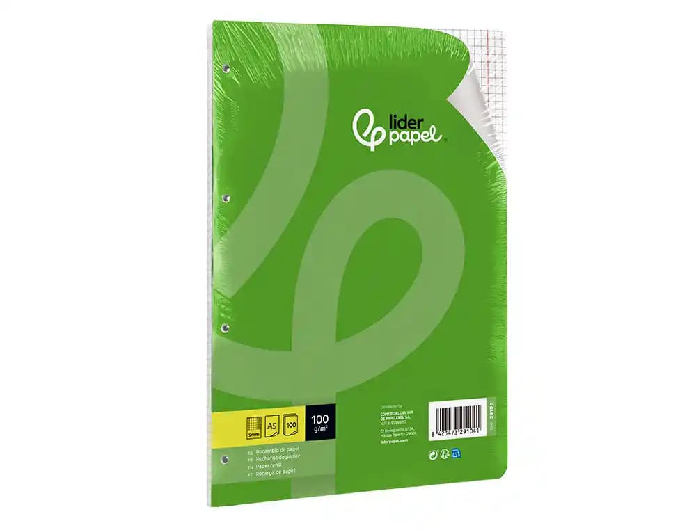 Recambio liderpapel a5 100 h 100gr cuadro 5mm con m argen 6 taladros