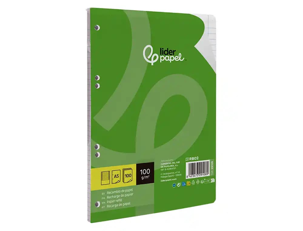 Recambio liderpapel a5 100 h 100gr horizontal doble margen 6 taladros
