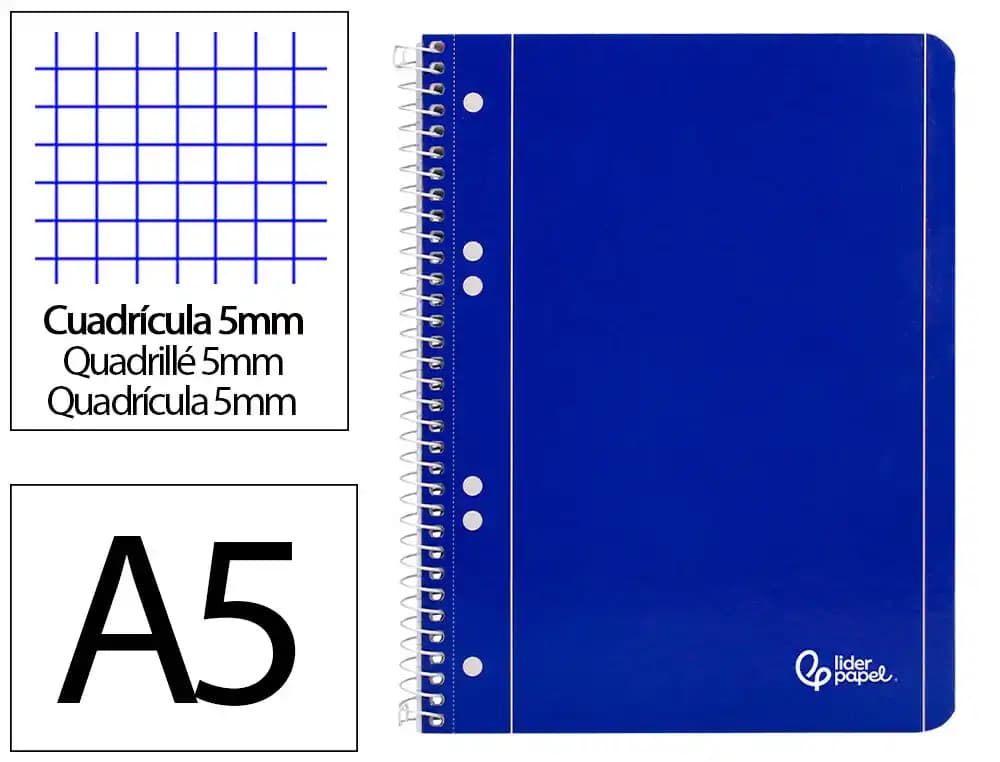 Liderpapel Cuaderno espiral Liderpapel A5 micro serie azul tapa blanda 80h 75gr cuadro5mm 6 talad ros azul