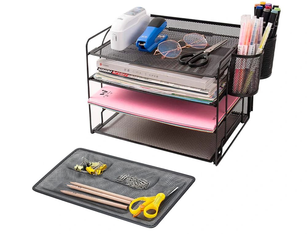 Organizador sobremesa bandeja metalica q-connect rejilla negra con 4 departamentos 315x20x175 mm