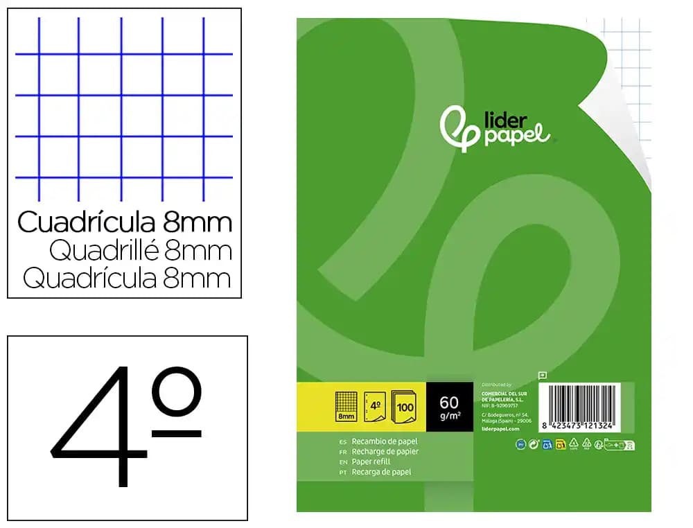Liderpapel Recambio liderpapel 100 hojas cuadro 8mm con margen 6 taladros