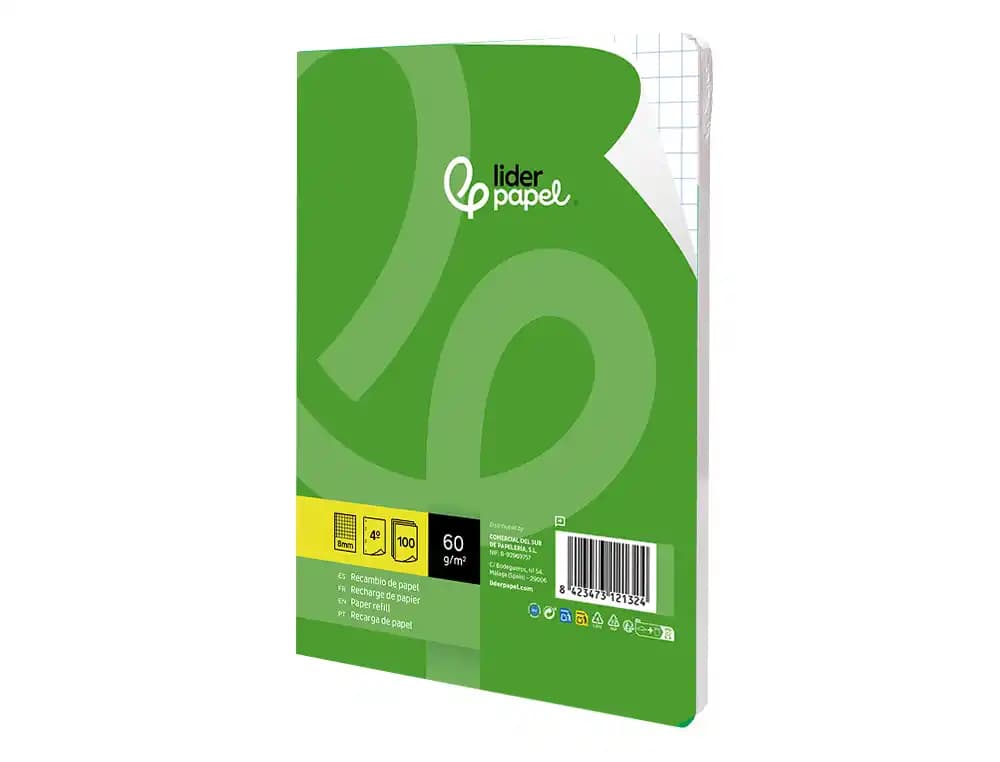 Recambio liderpapel cuarto 100 hojas 60gr cuadro 8mm con margen 6 taladros