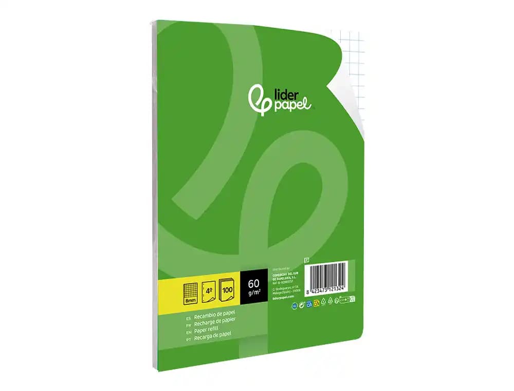 Recambio liderpapel cuarto 100 hojas 60gr cuadro 8mm con margen 6 taladros