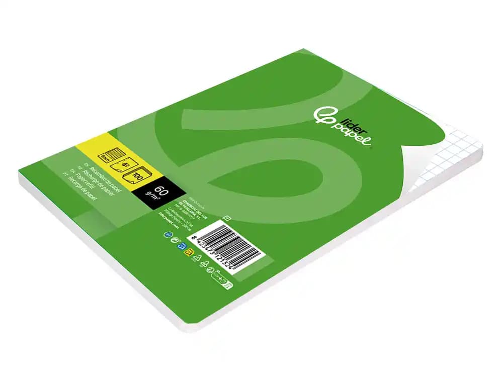 Recambio liderpapel cuarto 100 hojas 60gr cuadro 8mm con margen 6 taladros