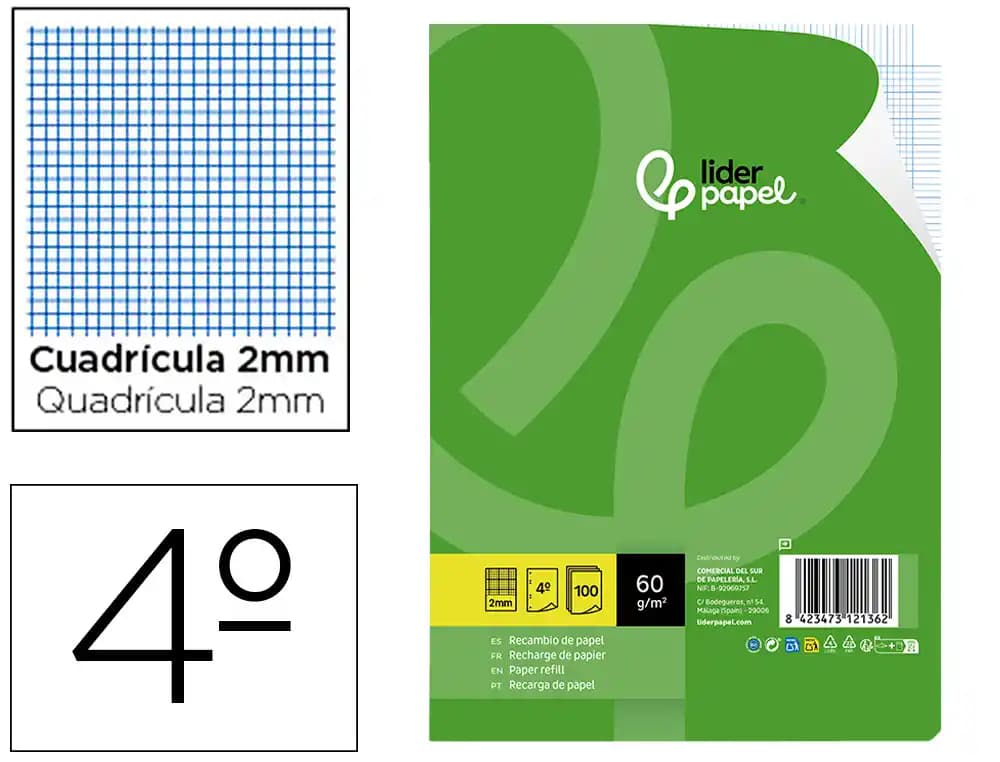 Recambio liderpapel cuarto 100 hojas 60gr milimetrado sin margen 6 taladros