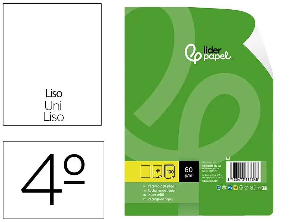 Recambio liderpapel cuarto 100 hojas 60gr liso sin margen 6 taladros