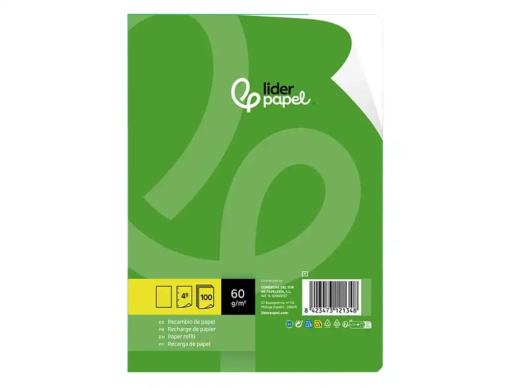 Recambio liderpapel cuarto 100 hojas 60gr liso sin margen 6 taladros