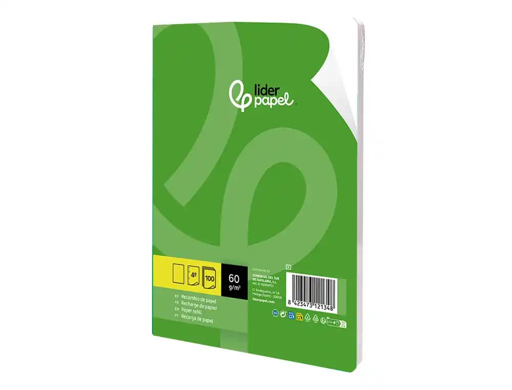 Recambio liderpapel cuarto 100 hojas 60gr liso sin margen 6 taladros