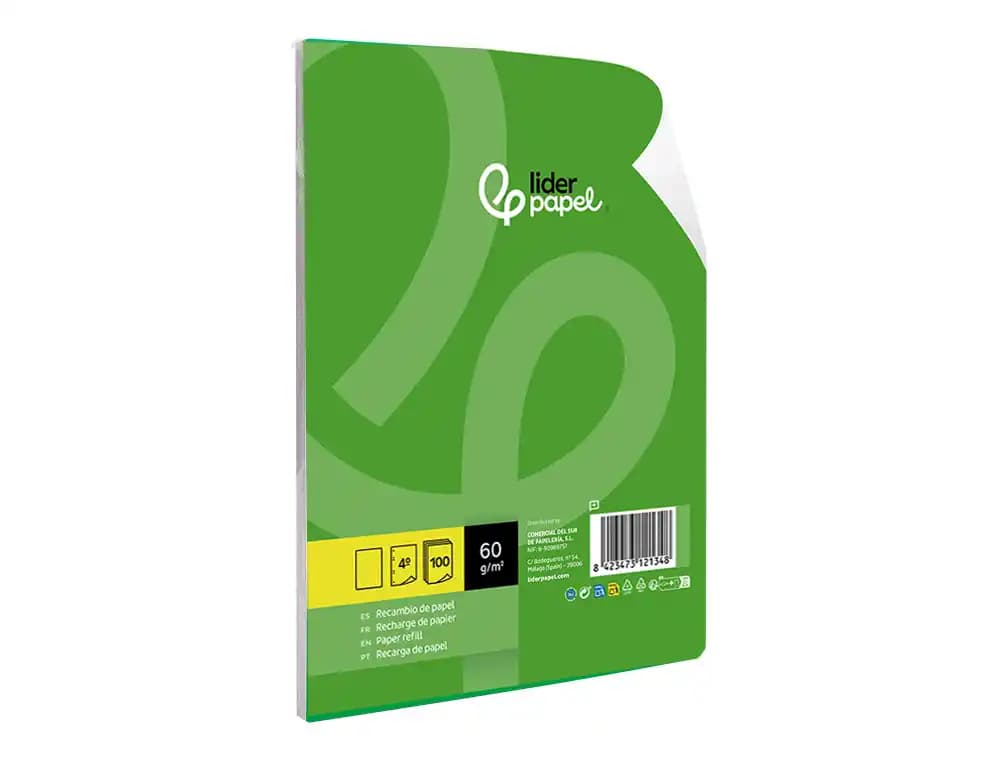 Recambio liderpapel cuarto 100 hojas 60gr liso sin margen 6 taladros