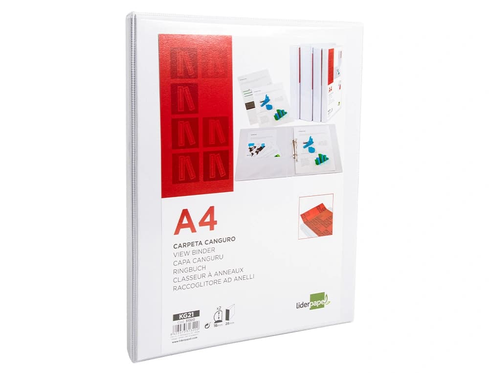 Carpeta canguro 2 anillas mixtas 16mm liderpapel a4 plastico color blanco