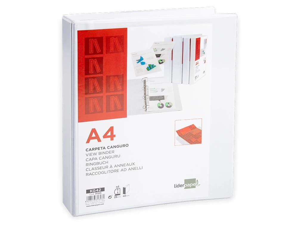 Carpeta canguro 4 anillas mixtas 25mm liderpapel a4 plastico color blanco
