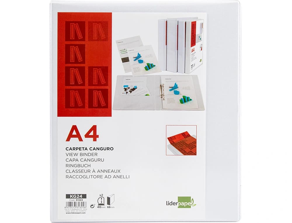Carpeta canguro 2 anillas mixtas 40mm liderpapel a4 plastico color blanco