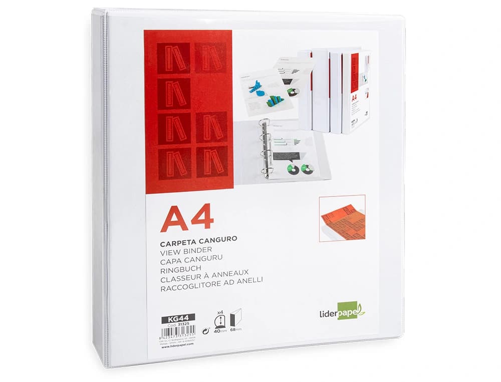 Carpeta canguro 4 anillas mixtas 40mm liderpapel a4 plastico color blanco