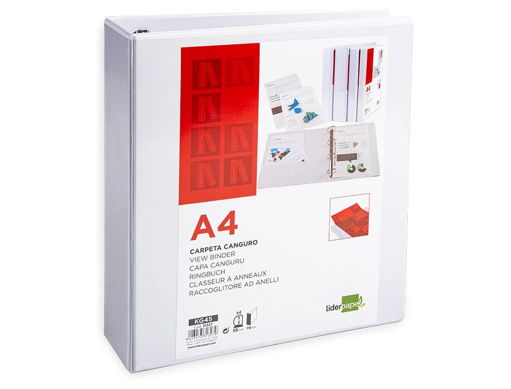 Carpeta canguro 4 anillas mixtas 55mm liderpapel a4 plastico color blanco
