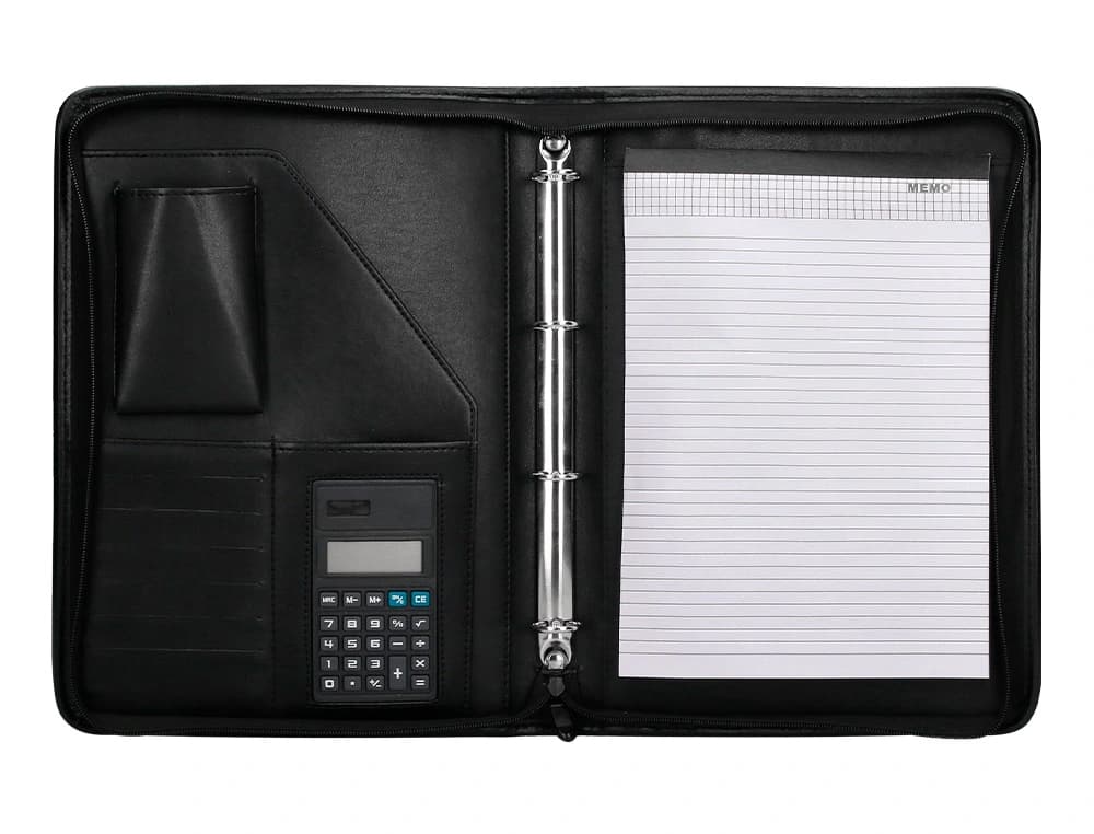 Carpeta portafolios q-connect cremallera 4 anillas 20 mm concalculadora con bolsa para movil 260x355 mm