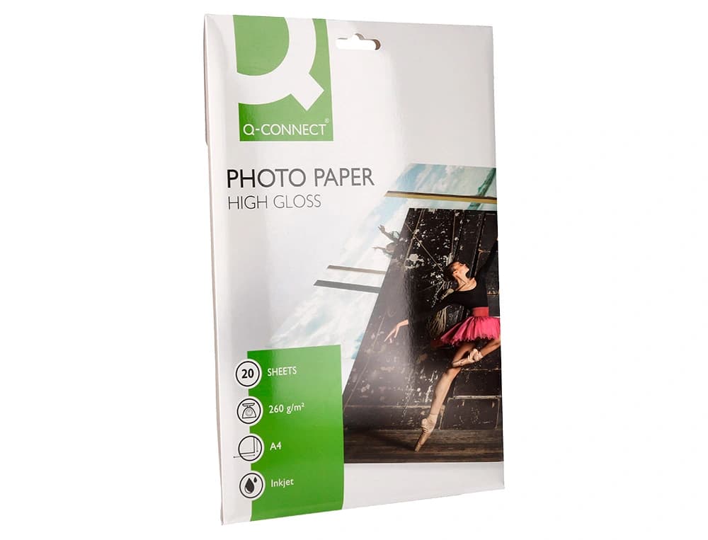 Papel q-connect foto glossy kf02163 din a4 alta calidad digital photo para ink-jet bolsa de 20 hojas de 260 gr