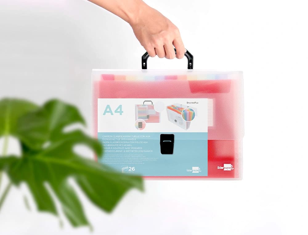 Carpeta liderpapel clasificador fuelle 45144 polipropileno a4 transparente con asa spectrafile 26 dpto