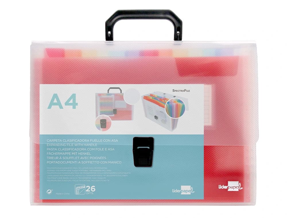 Carpeta liderpapel clasificador fuelle 45144 polipropileno a4 transparente con asa spectrafile 26 dpto