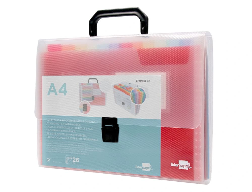 Carpeta liderpapel clasificador fuelle 45144 polipropileno a4 transparente con asa spectrafile 26 dpto
