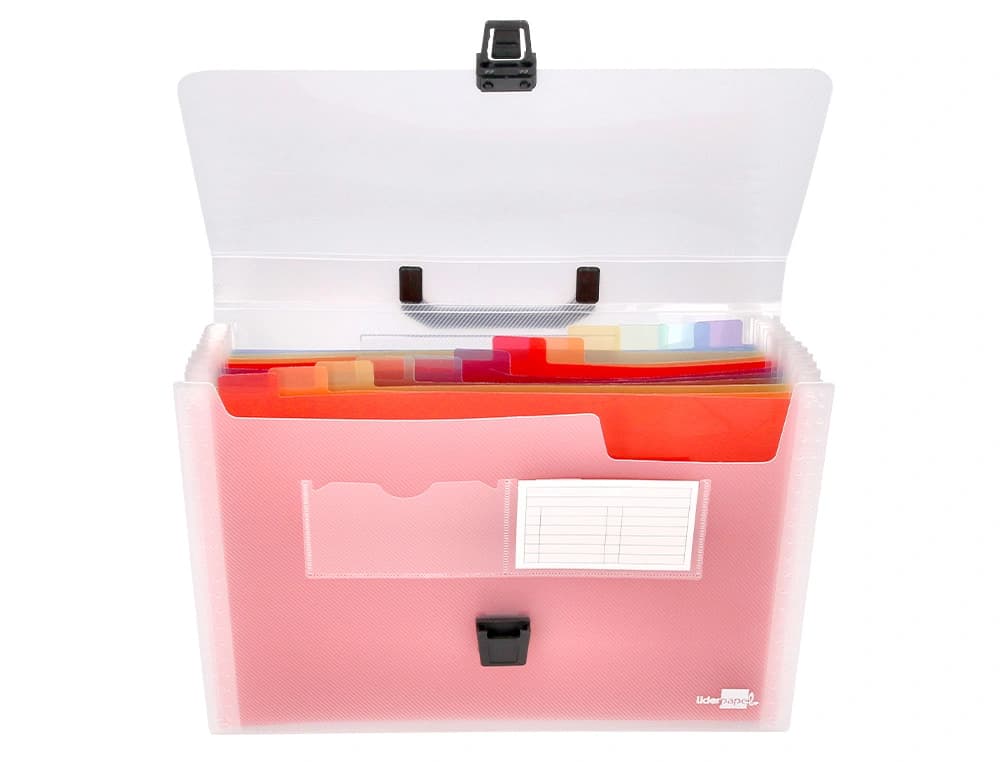 Carpeta liderpapel clasificador fuelle 45144 polipropileno a4 transparente con asa spectrafile 26 dpto