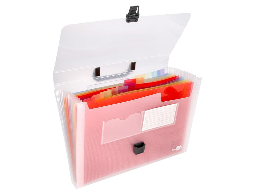 Carpeta liderpapel clasificador fuelle 45144 polipropileno a4 transparente con asa spectrafile 26 dpto