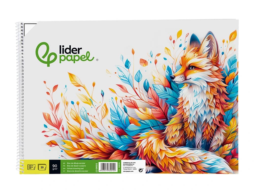 Bloc dibujo liderpapel escolar espiral 230x325mm 20 hojas 90 gr/m2 con recuadro