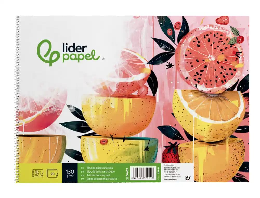 Bloc dibujo liderpapel artistico frutal espiral 230x325 mm 20 hojas 130g/m2 sin recuadro perforado