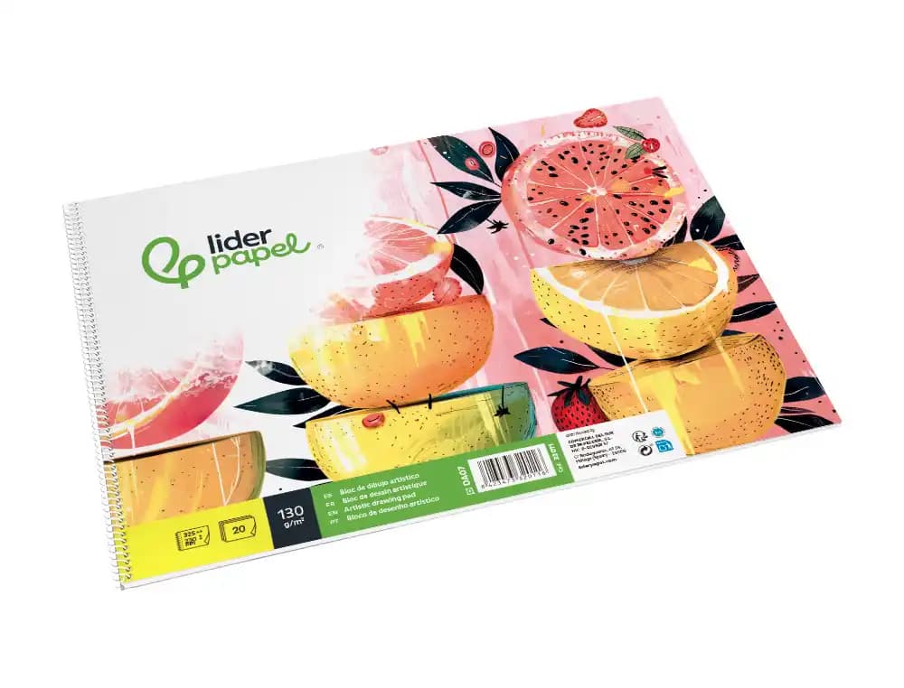 Bloc dibujo liderpapel artistico frutal espiral 230x325 mm 20 hojas 130g/m2 sin recuadro perforado