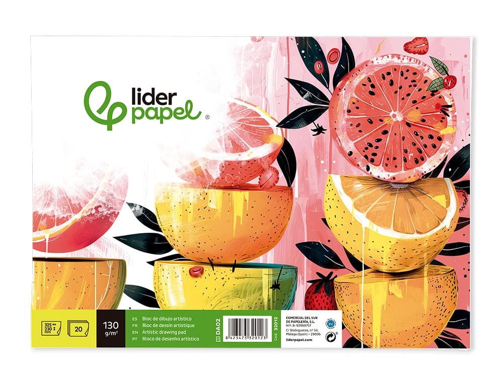 Bloc dibujo liderpapel artistico encolado 230x325mm 20 hojas 130g/m2 sin recuadro